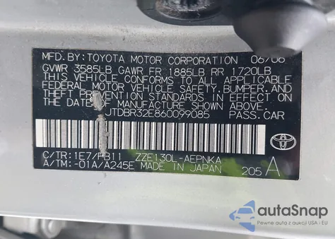 2006 Toyota Corolla Le из США, поврежденный, VIN JTDBR32E860099085